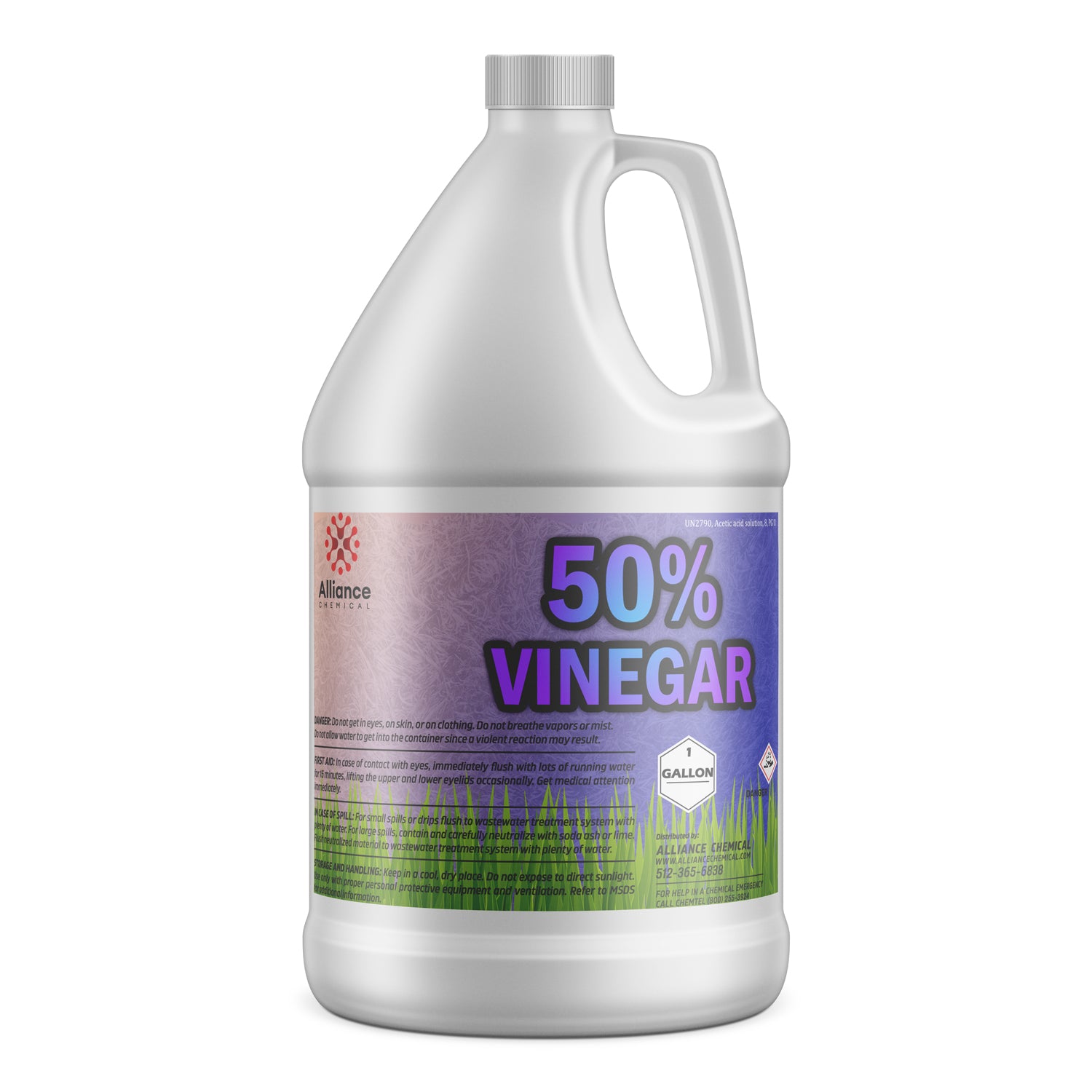 One-gallon industrial-strength 50% vinegar solution in white HDPE jug with safety warnings, Alliance Chemical branded, corrosive hazard symbol.