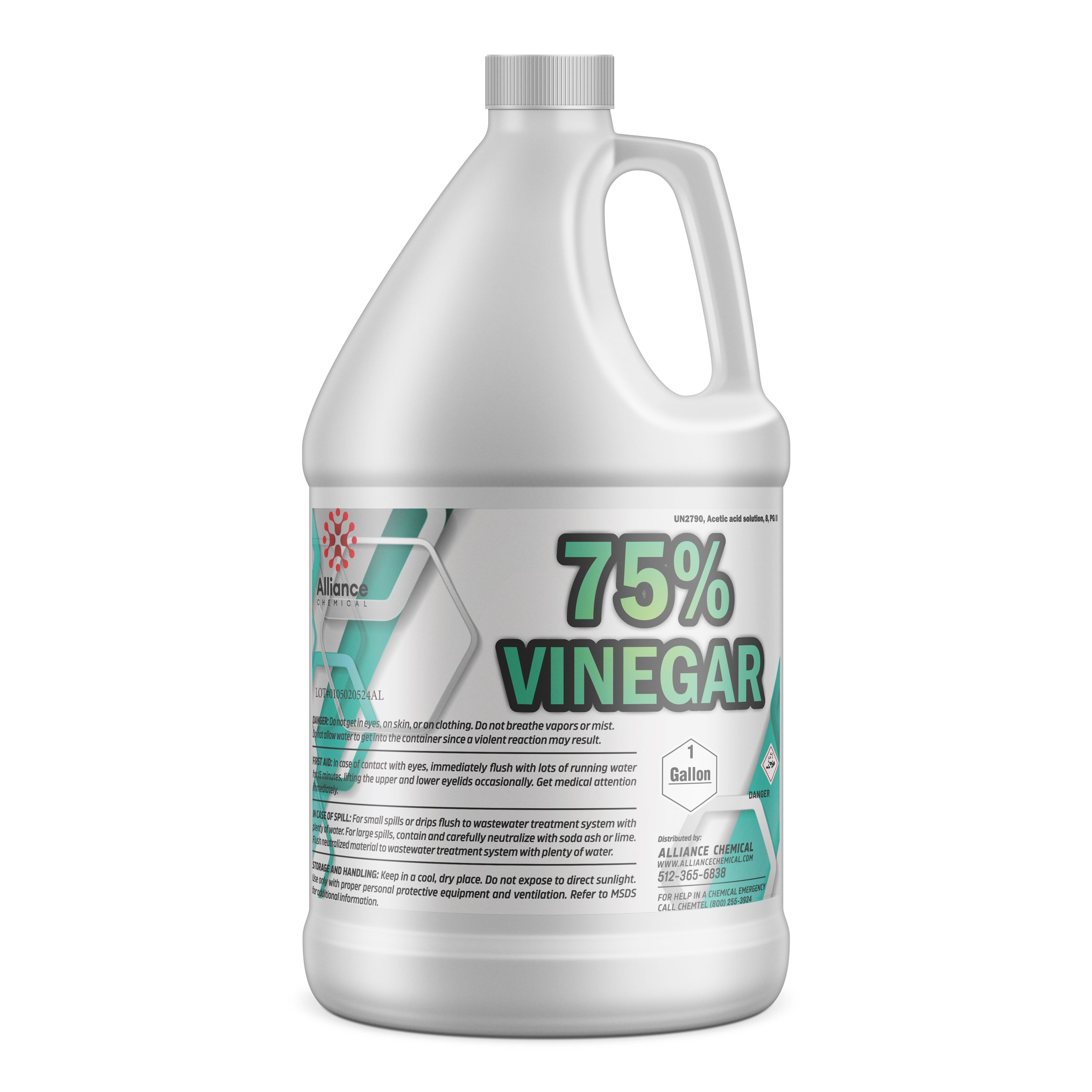 One-gallon industrial 75% vinegar solution in white HDPE jug with handle, Alliance Chemical branding, corrosive warning symbol, safety instructions on gray label.