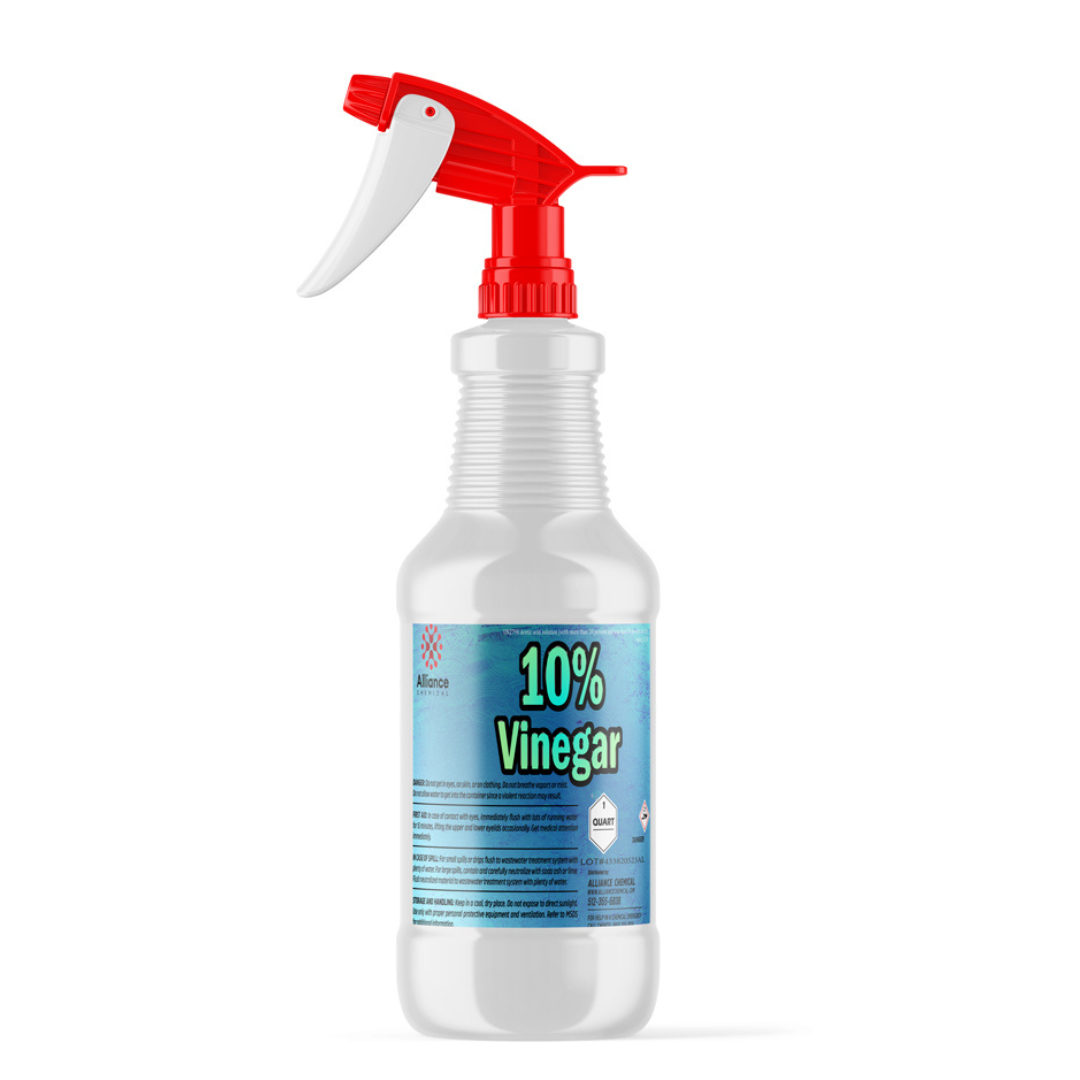 1-quart spray bottle of 10% industrial vinegar solution in white HDPE container with red trigger sprayer, chemical hazard warning symbol.