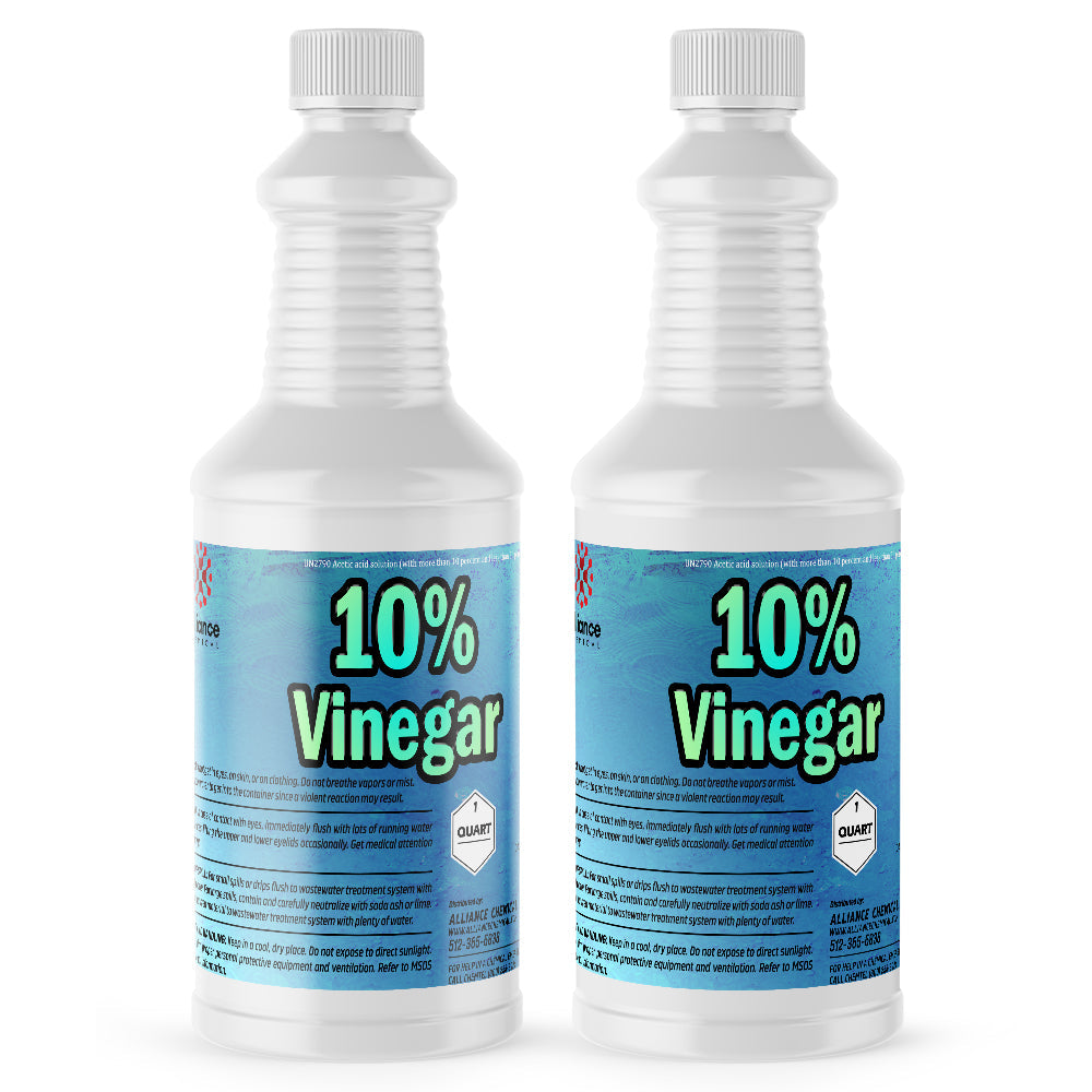 1-quart bottles of 10% industrial-strength vinegar concentrate in white HDPE containers with blue labels and hazard warning symbol.
