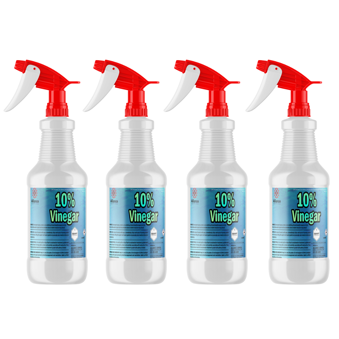 32 oz spray bottles (4-pack) of 10% concentrated industrial vinegar solution in white HDPE containers with red trigger sprayers.