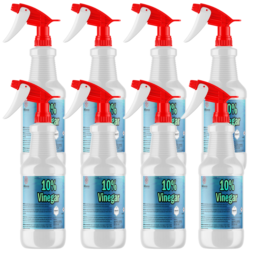 32oz spray bottles of 10% concentrated industrial vinegar solution in white HDPE containers with red trigger sprayers, cleaning-grade.