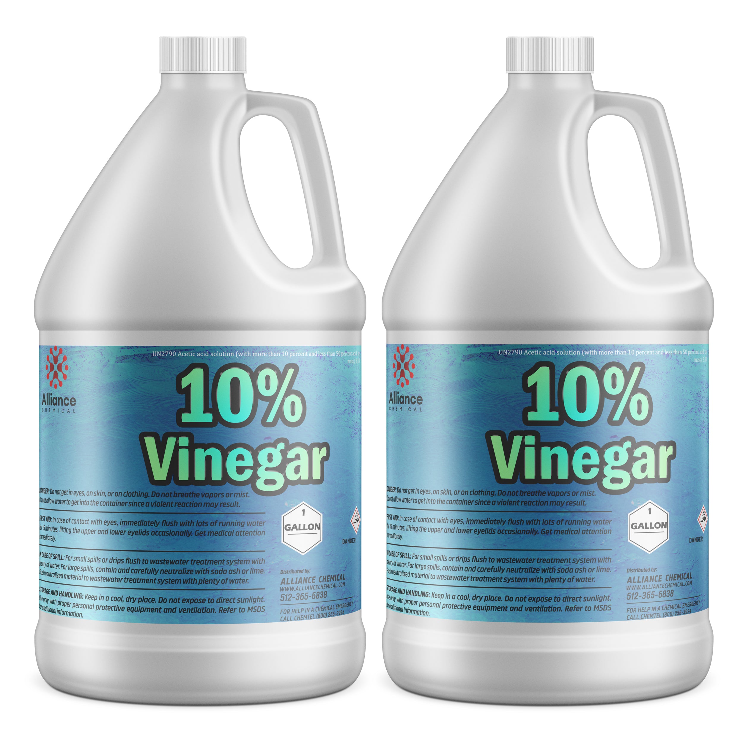 2-gallon HDPE jugs of 10% industrial vinegar solution (UN2790 Acetic acid) with safety warnings, Alliance Chemical brand, corrosive hazard symbol.