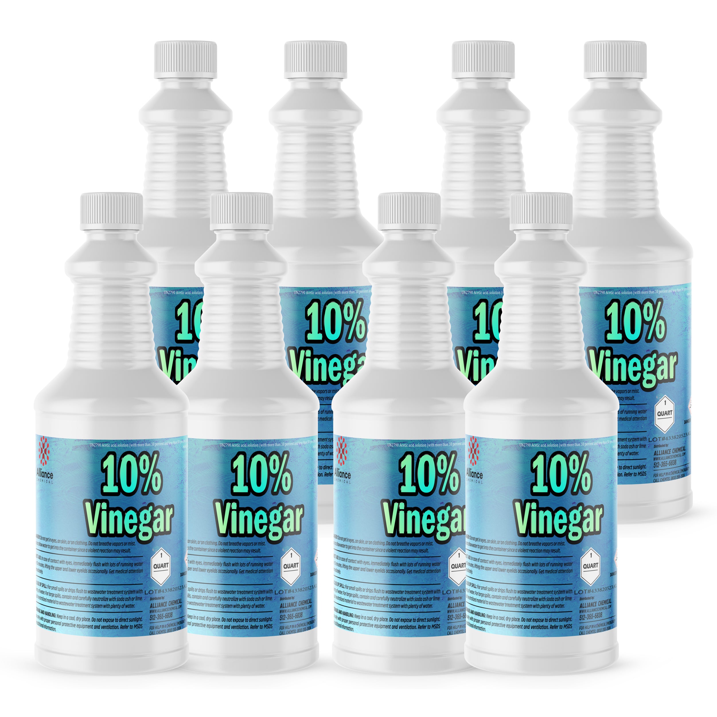 Quart bottles of 10% concentrated industrial vinegar solution in white HDPE containers with blue labels, chemical-grade certification, safety warnings.