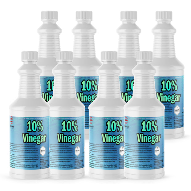 Seven 1-quart plastic bottles of Alliance Chemical 10% Vinegar - Concentrated Industrial Strength with white caps and labels