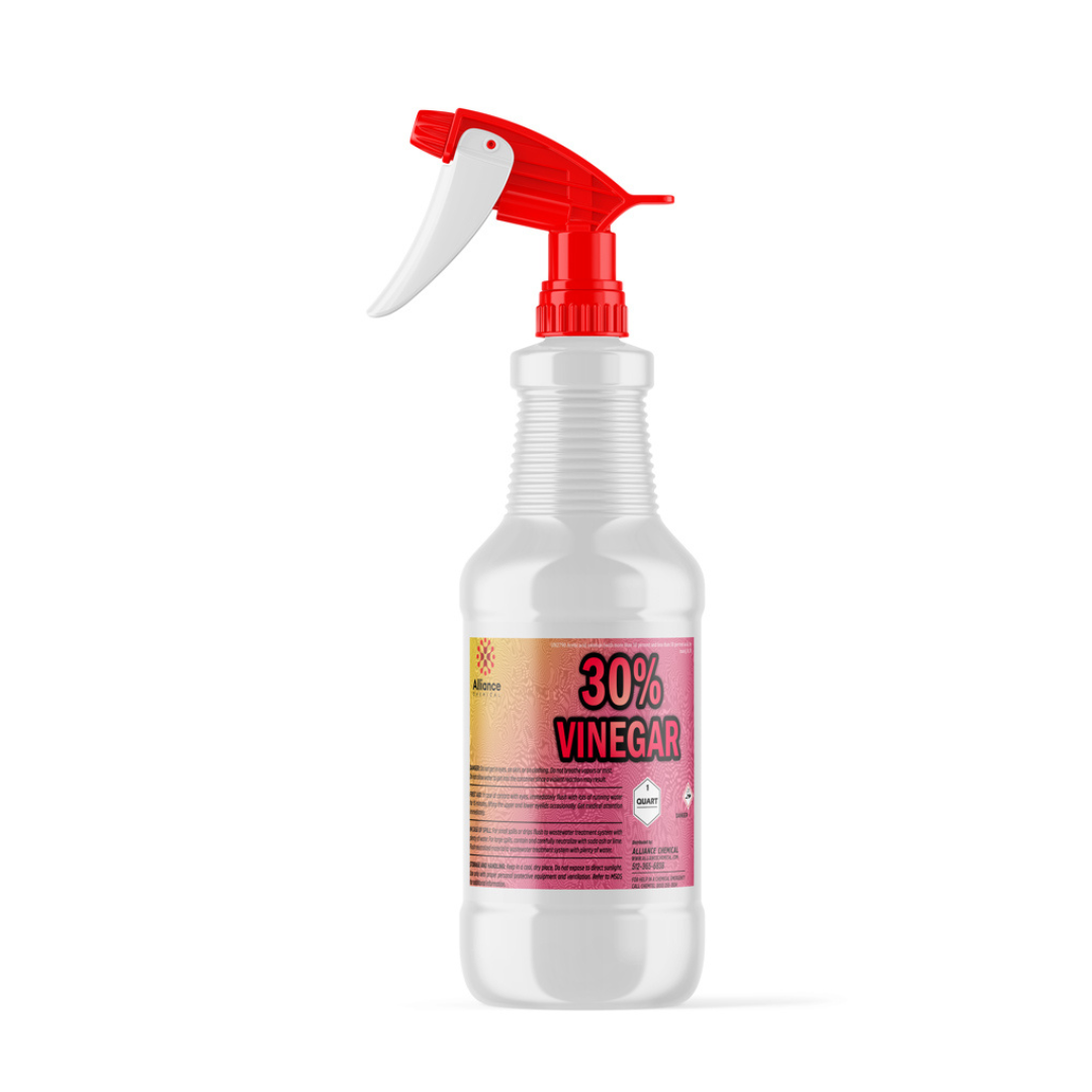 1-quart spray bottle of 30% concentrated industrial vinegar solution with red trigger sprayer, CORROSIVE warning symbol, in white HDPE container.