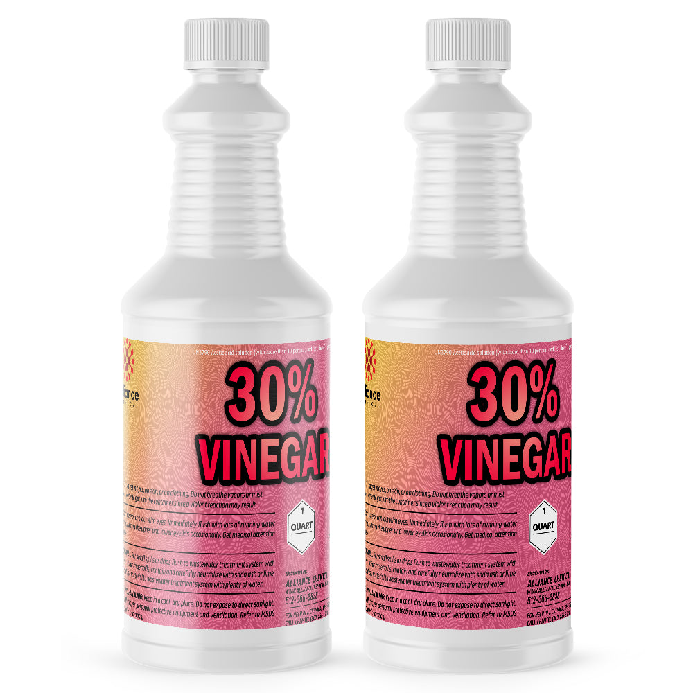 1-quart bottles of 30% industrial-strength vinegar solution in ribbed white HDPE containers with hazard warning symbol, pink gradient labels.