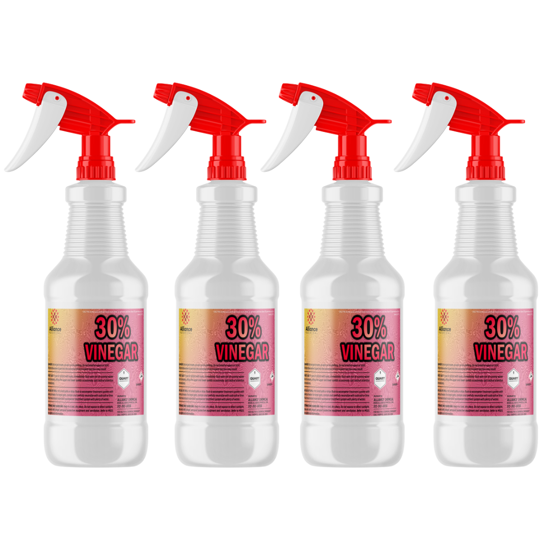 32 oz spray bottles (4-pack) of 30% concentrated industrial vinegar solution in white HDPE containers with red trigger sprayers.