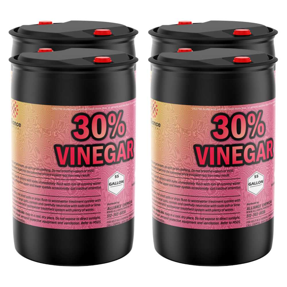 4x55-gallon black HDPE drums of 30% industrial vinegar concentrate with red safety caps, hazard warnings, and Alliance Chemical labeling.