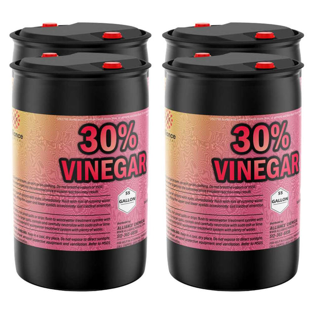 4x55-gallon HDPE drums of 30% industrial vinegar concentrate hazard warnings, and Alliance Chemical labeling