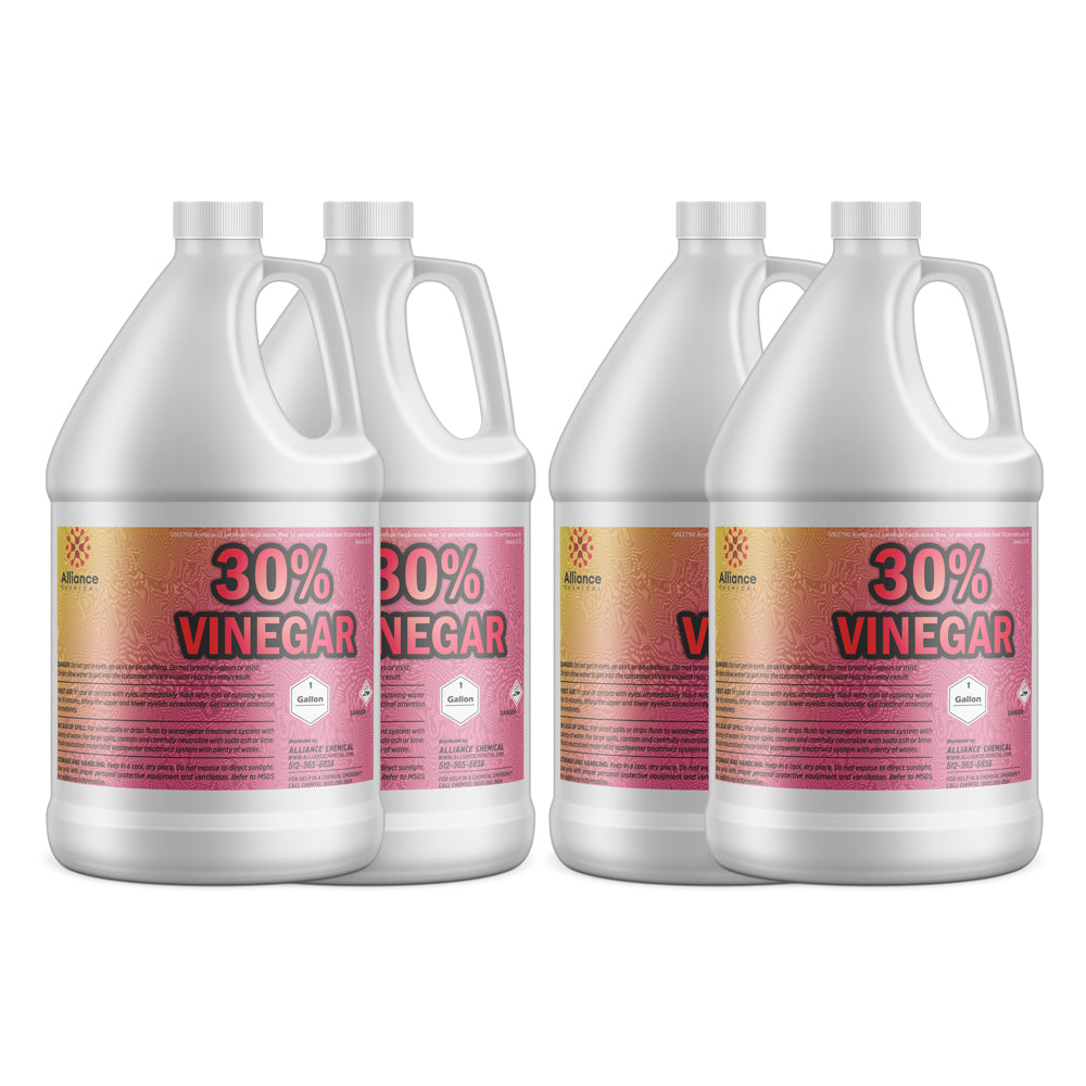 4x1-gallon HDPE jugs of 30% concentrated industrial vinegar solution by Alliance Chemical, white containers with pink labels, safety indicators.