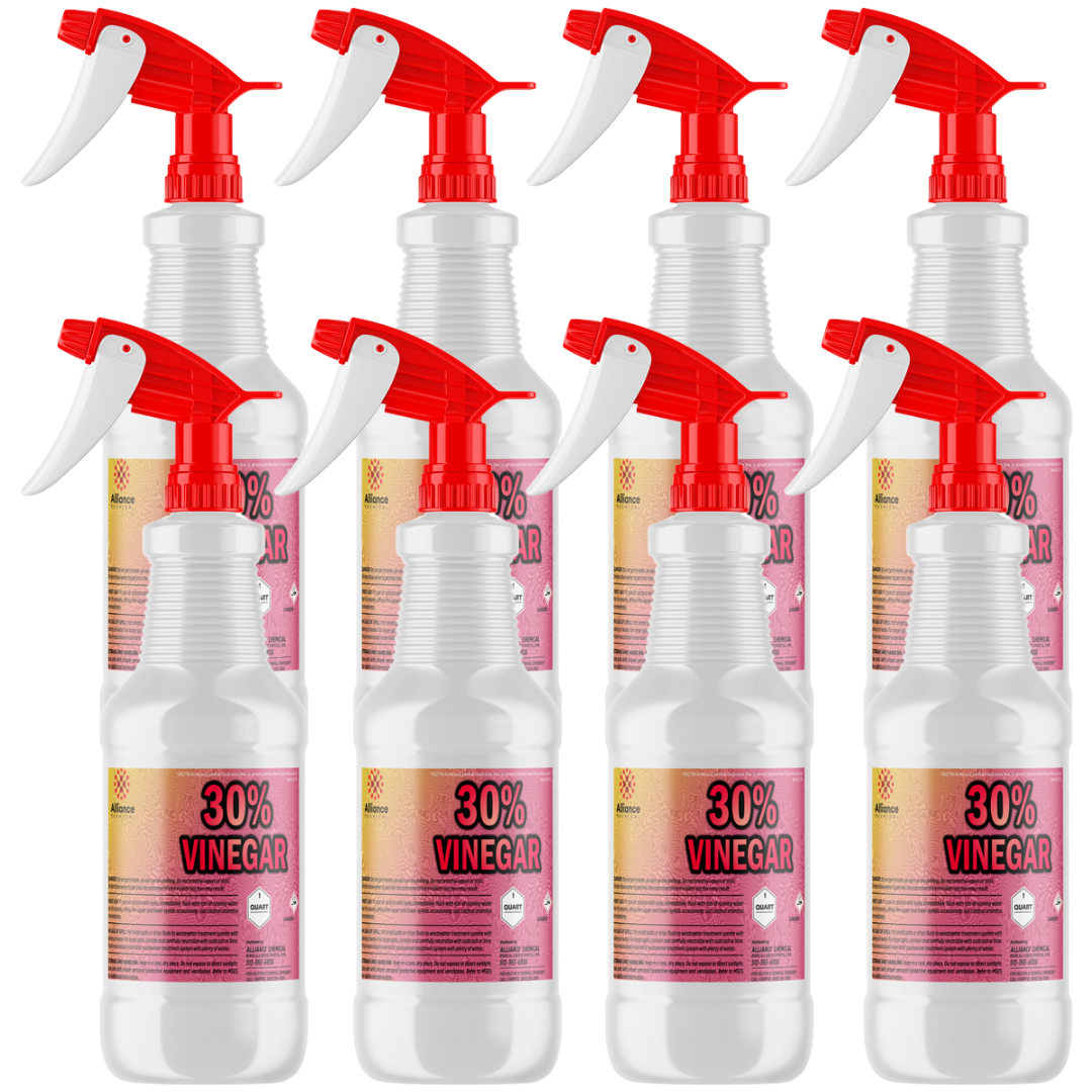 32 fl oz spray bottles of 30% concentrated vinegar solution, industrial-strength cleaning agent in white HDPE containers with red triggers.
