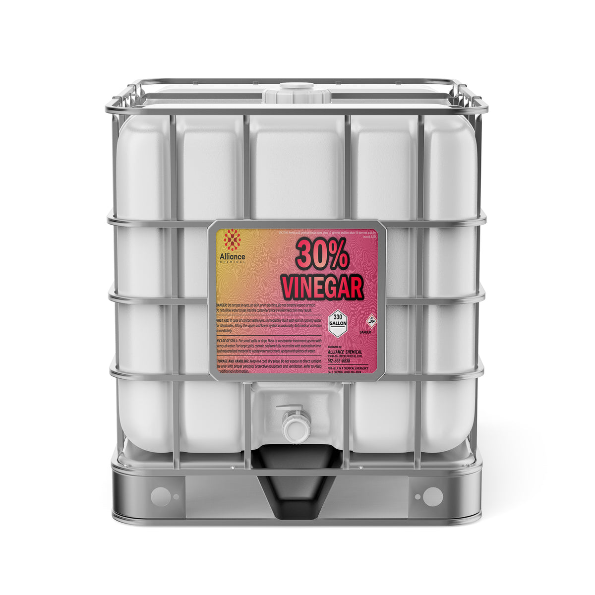 One 330-gallon plastic tote of Alliance Chemical 30% Vinegar Industrial Grade with a metal cage and a white cap.