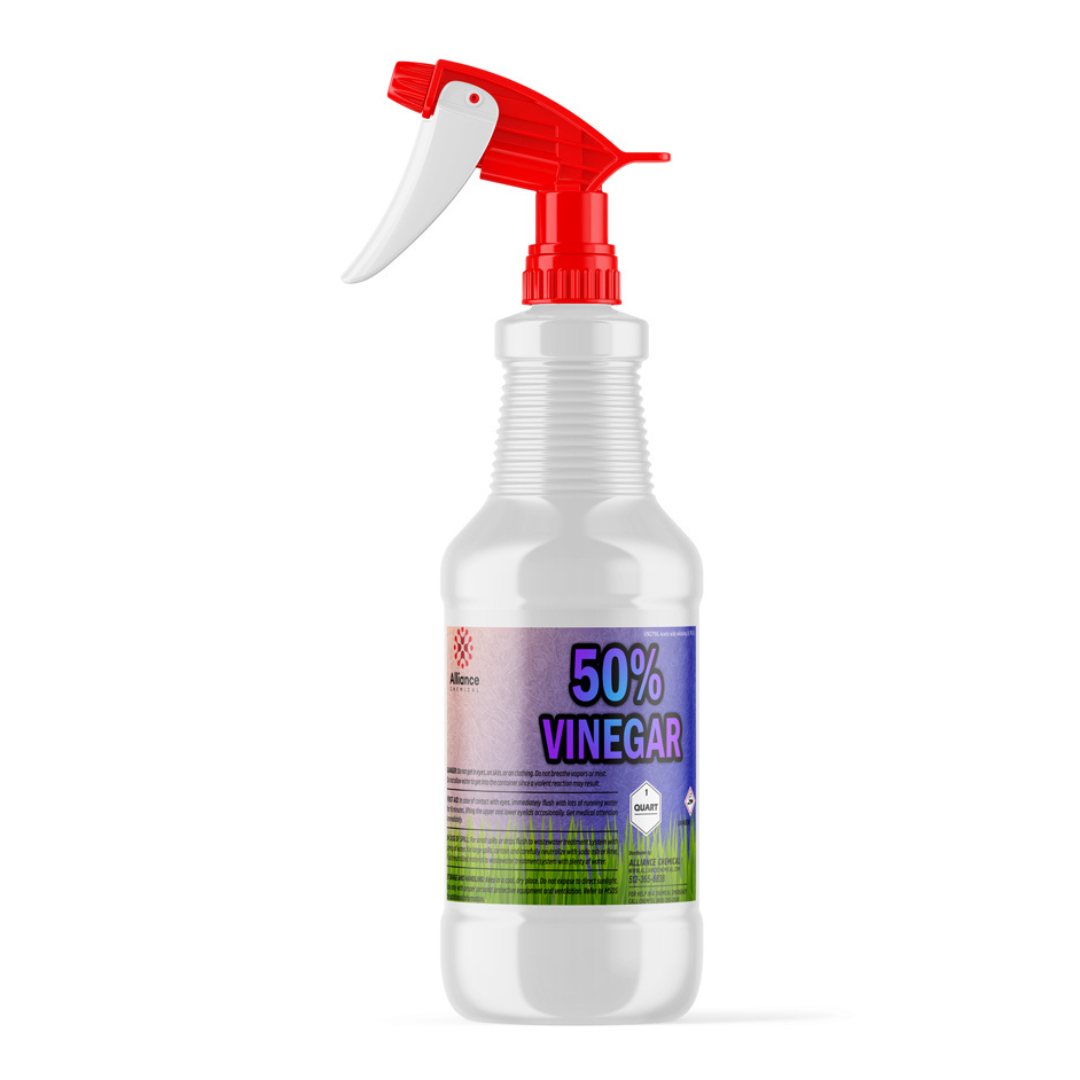 1-quart spray bottle of 50% concentrated vinegar solution in white HDPE container with red trigger sprayer, Alliance Chemical industrial cleaning formula.