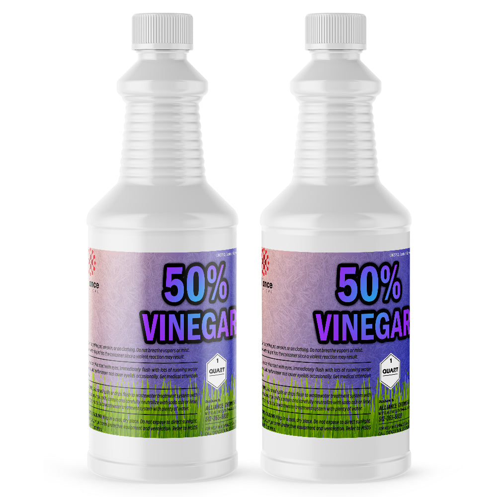 Two 1-quart bottles of 50% concentrated industrial vinegar solution in white HDPE containers with safety warnings and gradient purple-to-green labels.