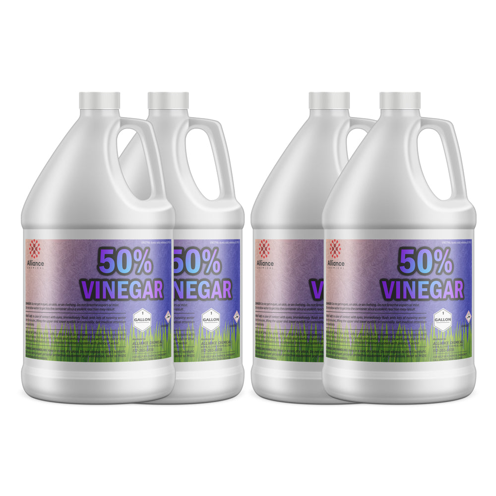4-gallon set (4x1-gallon) of 50% concentrated industrial vinegar in white HDPE jugs with purple labels, Alliance Chemical, hazard warning symbols.