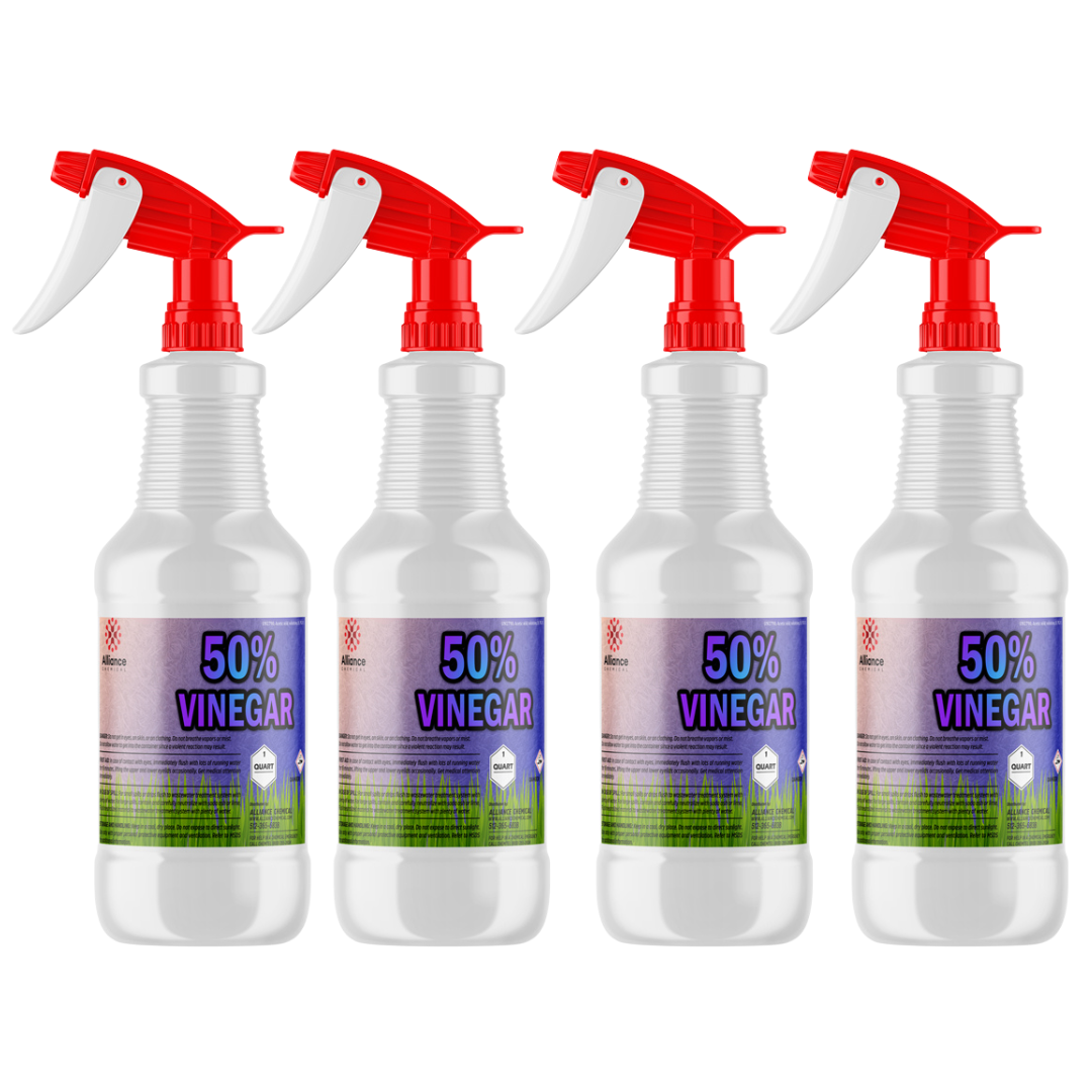 4-quart industrial 50% concentrated vinegar solution in white HDPE spray bottles with red triggers, hazard warning labels and chemical safety symbols.