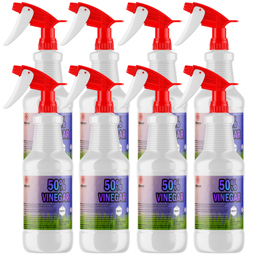8 QT industrial-strength 50% vinegar solution in HDPE bottles Alliance Chemical brand, corrosive-class labeling
