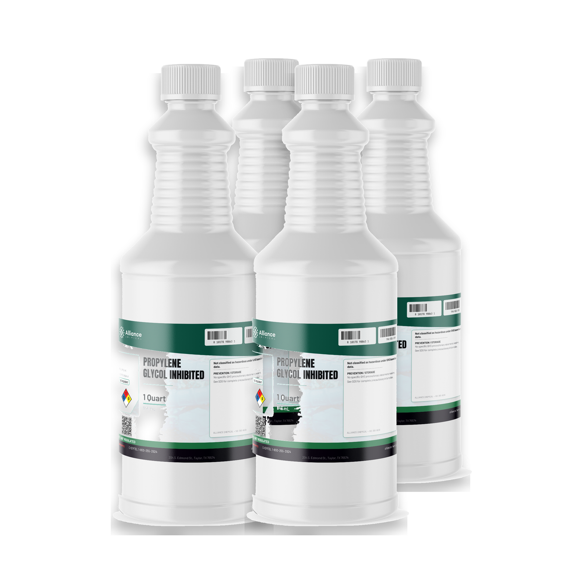 Propylene Glycol Inhibited ACS Grade in four 1-quart plastic bottles for closed-loop HVAC systems, Alliance Chemical