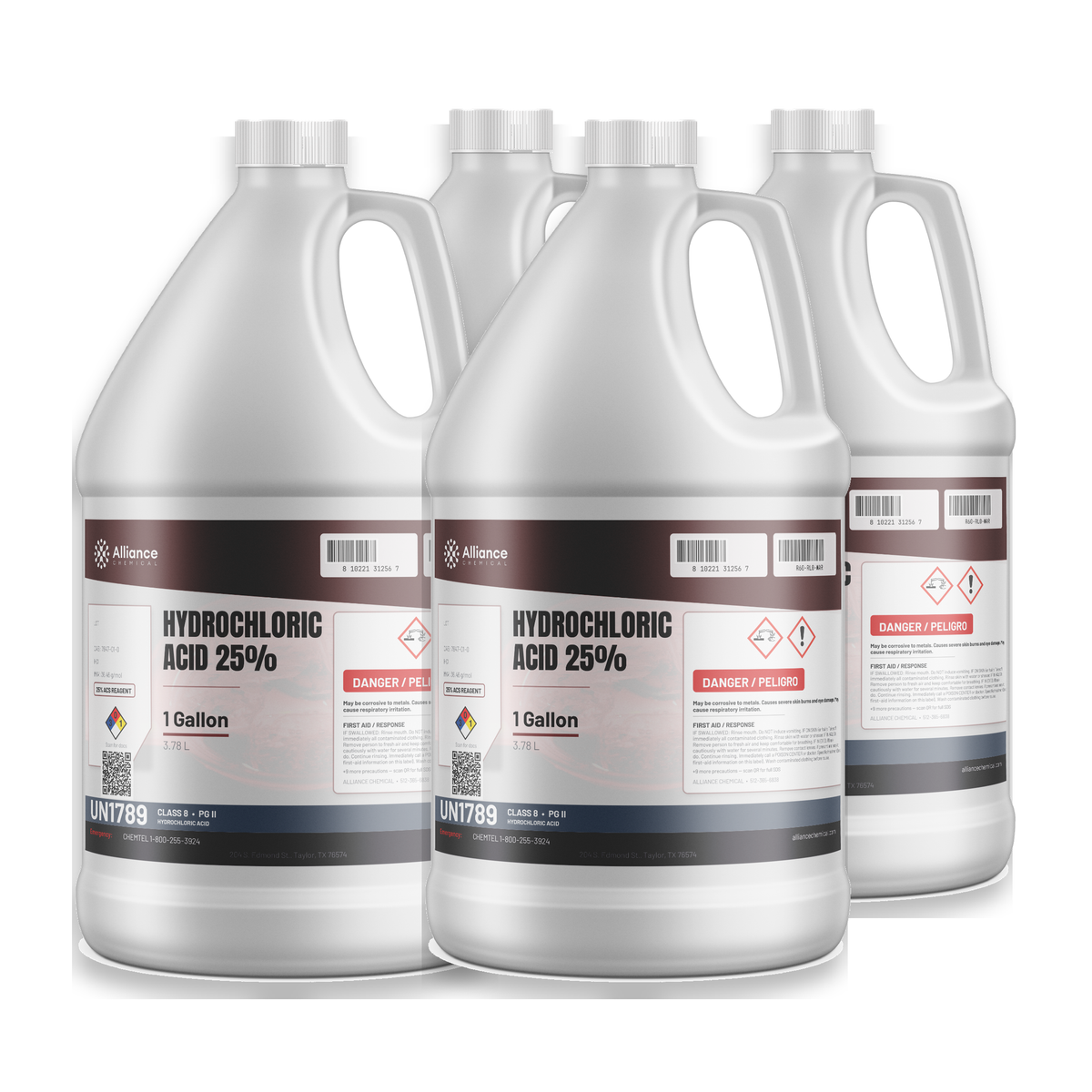 Hydrochloric Acid 25% ACS Reagent Grade in a case of four 1-gallon plastic jugs by Alliance Chemical