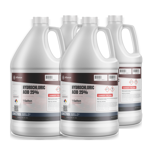 Hydrochloric Acid 25% ACS Reagent Grade in a case of four 1-gallon plastic jugs by Alliance Chemical