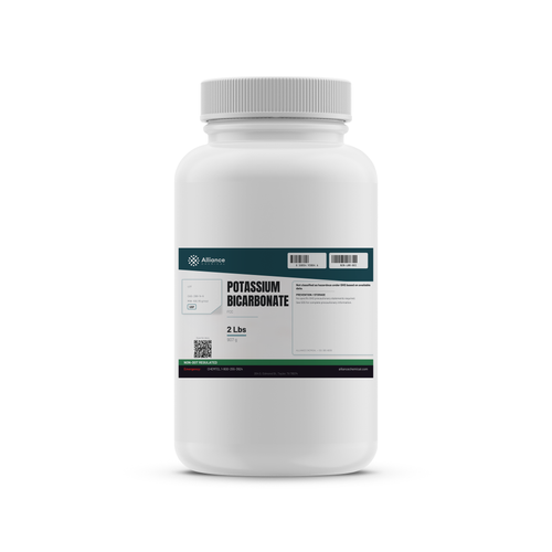 Potassium Bicarbonate USP Grade in a 2-lb white plastic bottle from Alliance Chemical