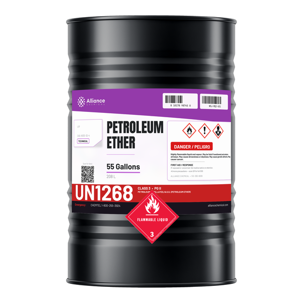 Petroleum Ether Technical Grade in a 55-gallon metal drum for parts degreasing from Alliance Chemical