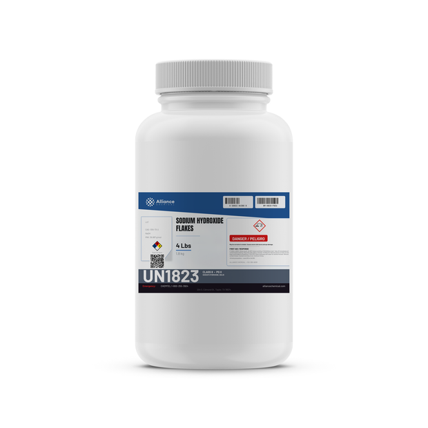Sodium Hydroxide Flakes in a 4 lb white plastic bottle from Alliance Chemical for chemical synthesis and pH regulation