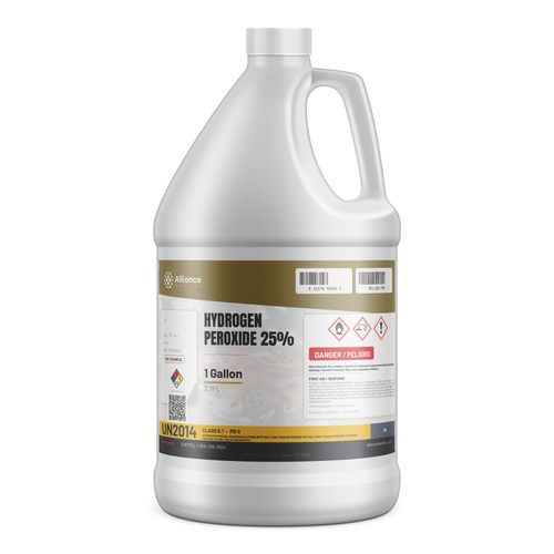 Hydrogen Peroxide 25% Technical Grade in a 1-gallon jug from Alliance Chemical for industrial wastewater treatment