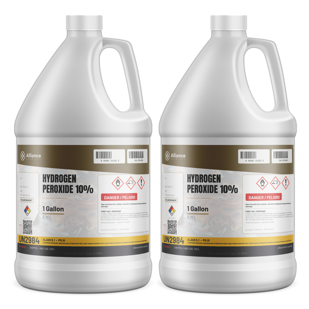 Hydrogen Peroxide 10% ACS Grade in two 1-gallon jugs from Alliance Chemical for laboratory analysis and reagent formulation