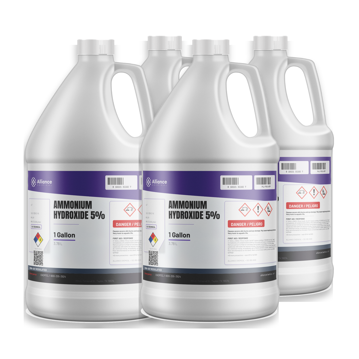 Ammonium Hydroxide 5% Technical Grade in four 1-gallon plastic jugs, Alliance Chemical