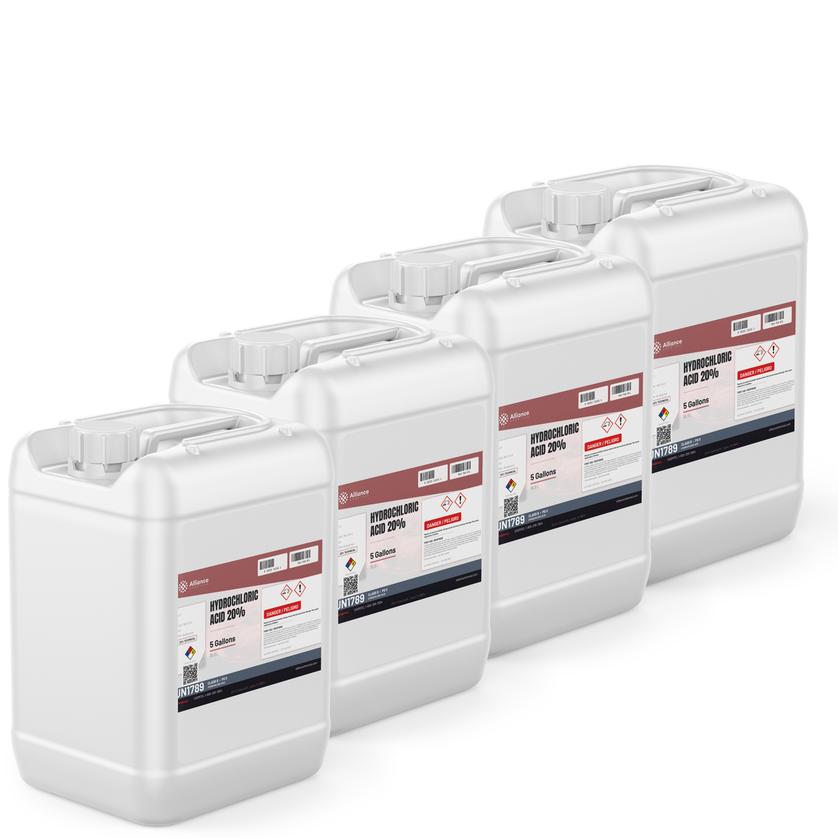 Hydrochloric Acid 20% Technical Grade in four 5-gallon pails for water treatment, Alliance Chemical