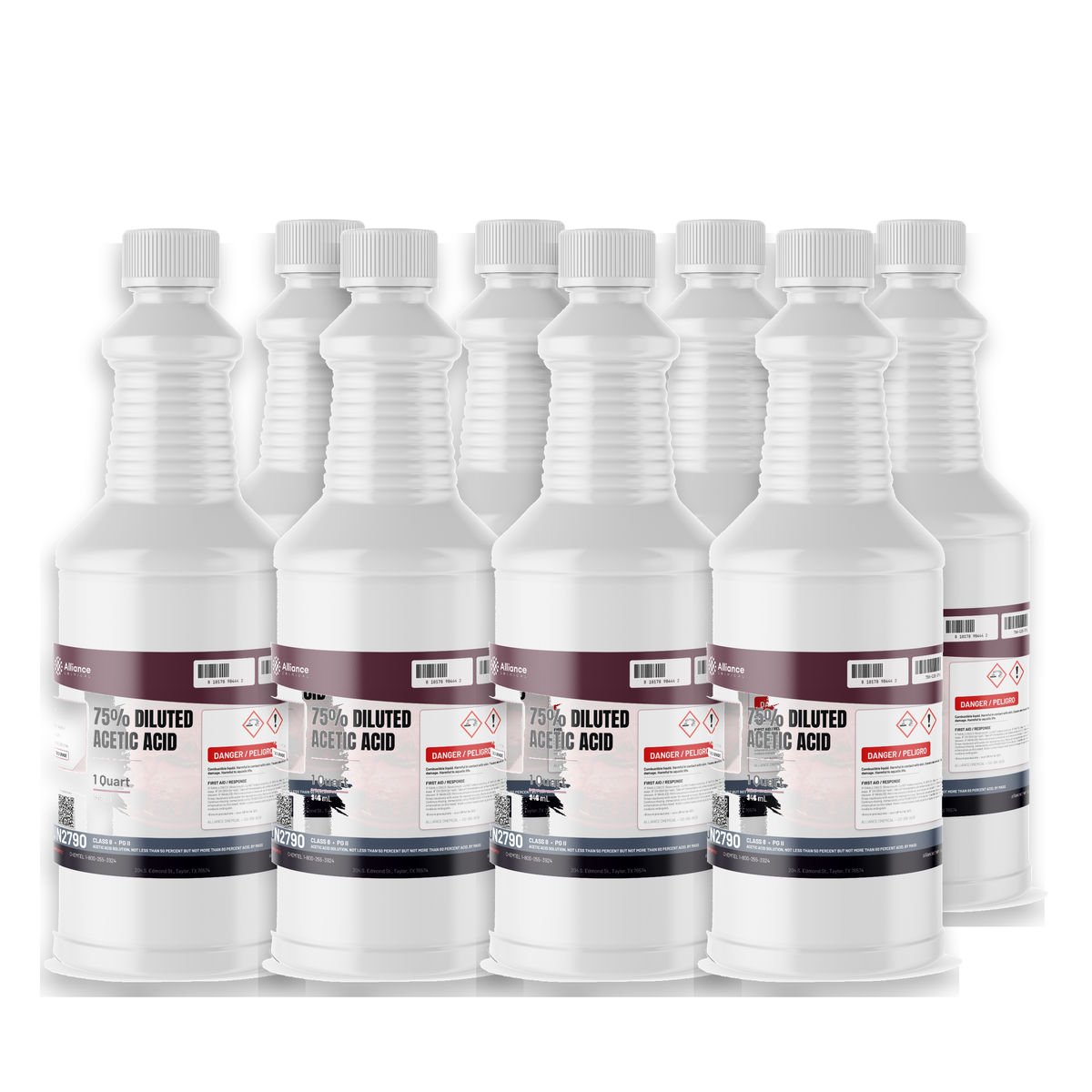 Acetic Acid 75% Food Grade in eight 1-quart plastic bottles by Alliance Chemical