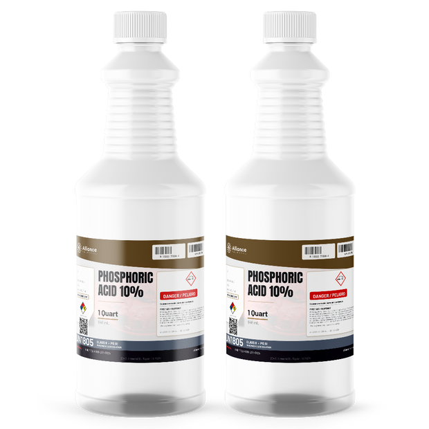 Phosphoric Acid 10% ACS Grade in two 1-quart white plastic bottles, Alliance Chemical