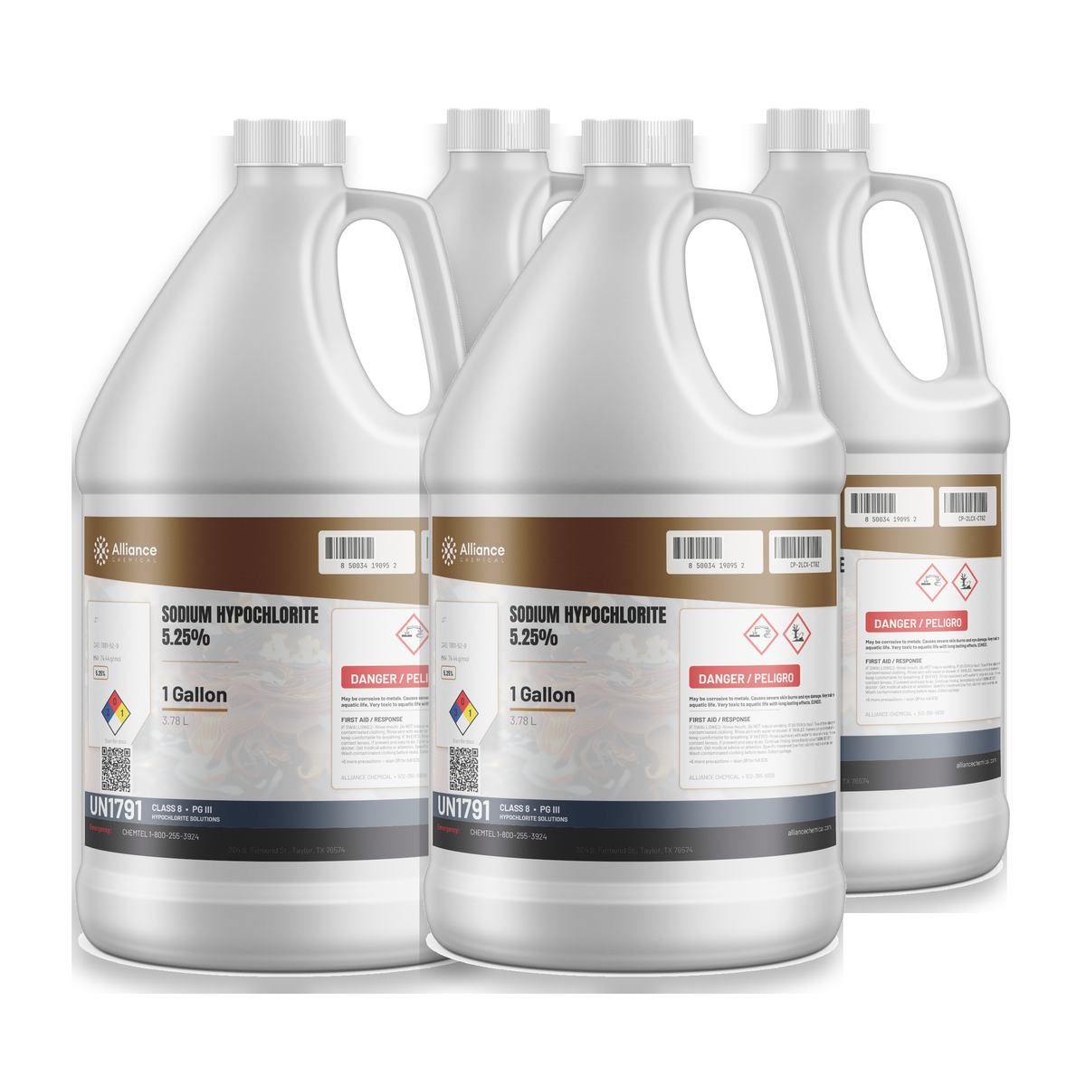 Sodium Hypochlorite 5.25% Water Treatment Grade four 1-gallon jugs Alliance Chemical for wastewater treatment
