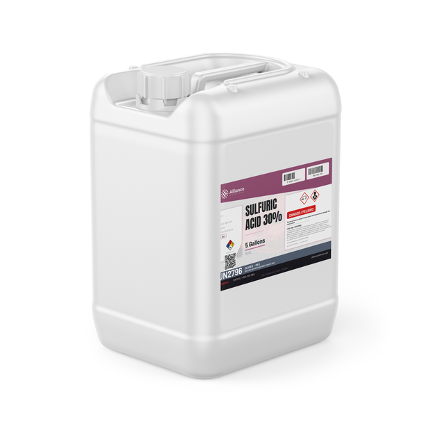 Sulfuric Acid 30% Technical Grade in a 5-gallon jerry can, Alliance Chemical for pH neutralization and metal pickling