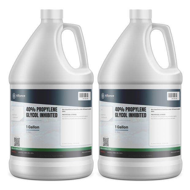 40% Propylene Glycol Inhibited in two 1-gallon plastic jugs, Alliance Chemical for closed-loop HVAC systems and chillers