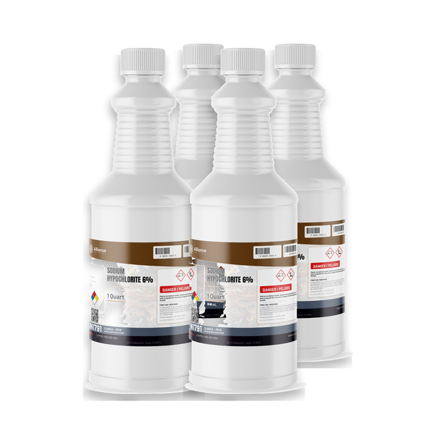 Sodium Hypochlorite 6% Technical Grade in four 1-quart white plastic bottles, Alliance Chemical