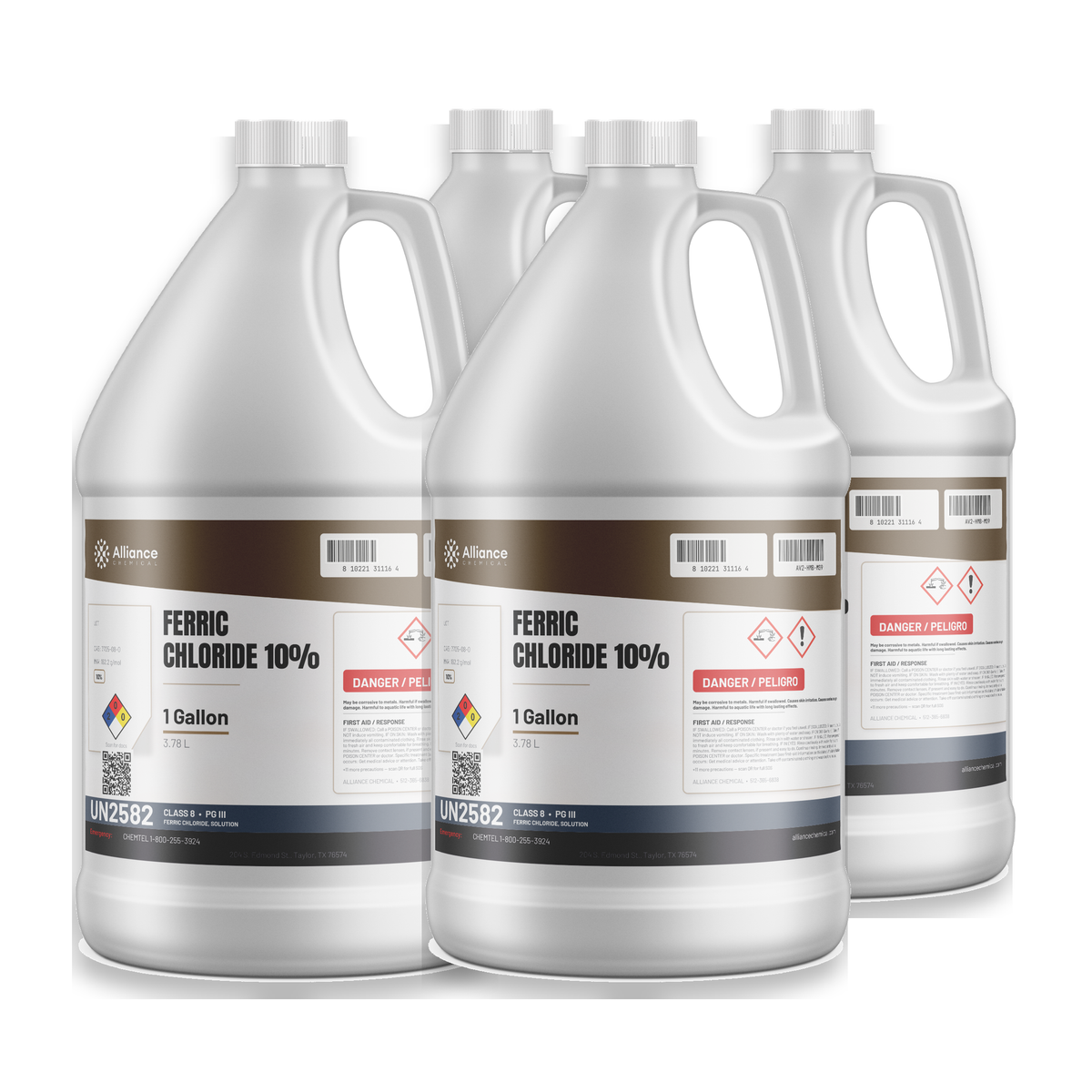 Ferric Chloride 10% technical grade liquid in four 1-gallon plastic jugs, Alliance Chemical