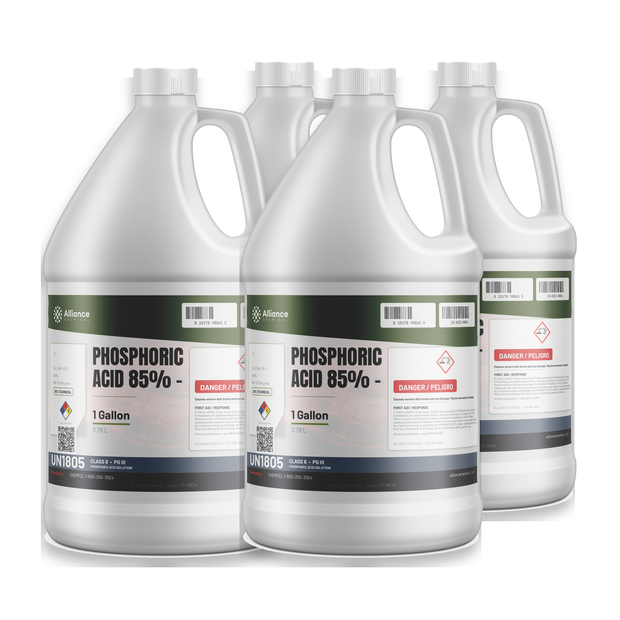 Phosphoric Acid 85% Technical Grade in four 1-gallon jugs, Alliance Chemical for rust prevention and fertilizer blends