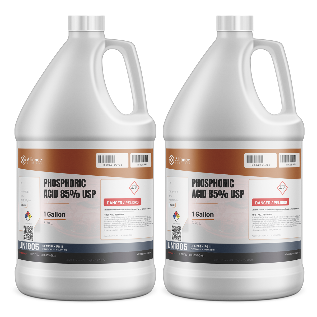 Phosphoric Acid 85% USP Food Grade in two 1-gallon plastic jugs, Alliance Chemical