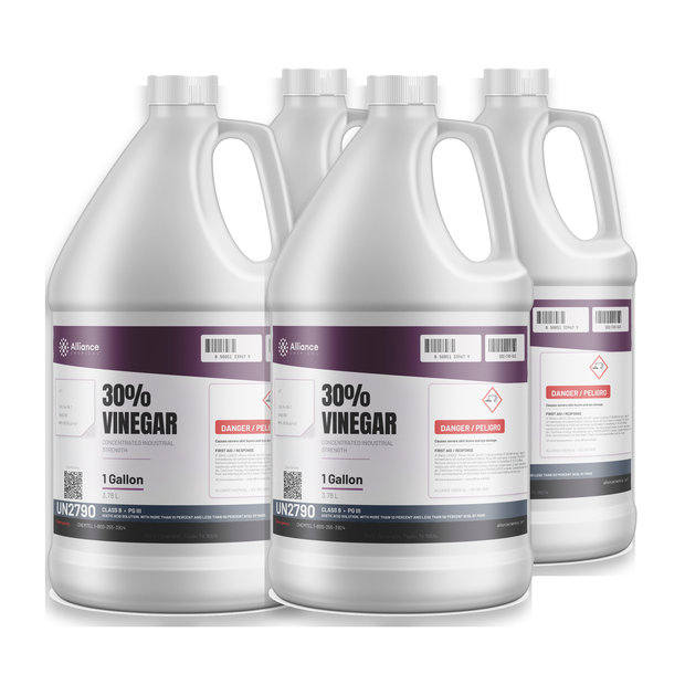 30% vinegar concentrated industrial strength case of four 1-gallon jugs, Alliance Chemical for industrial scale removal and pH adjustment