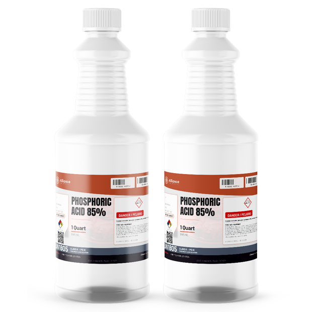 Phosphoric Acid 85% ACS Grade in two 1-quart plastic bottles from Alliance Chemical for metal surface treatment