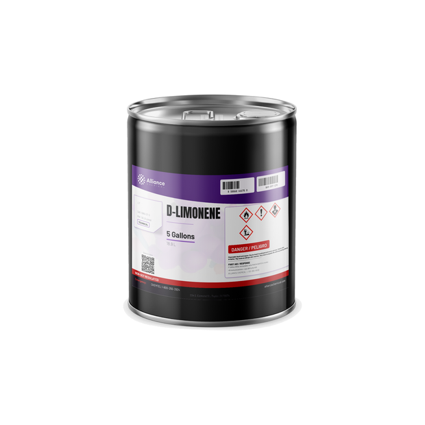 D-Limonene Technical Grade in a 5-gallon metal pail from Alliance Chemical for parts degreasing