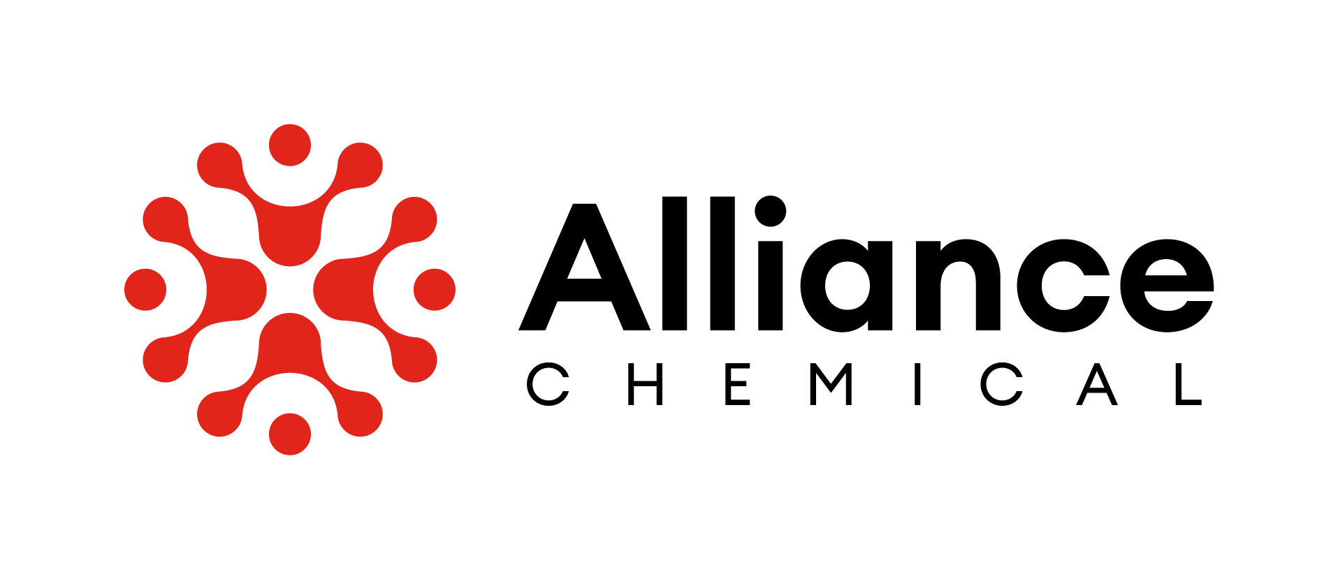 Alliance Chemical corporate logo featuring red molecular snowflake symbol with eight rounded nodes, black text wordmark, horizontal layout on white background.