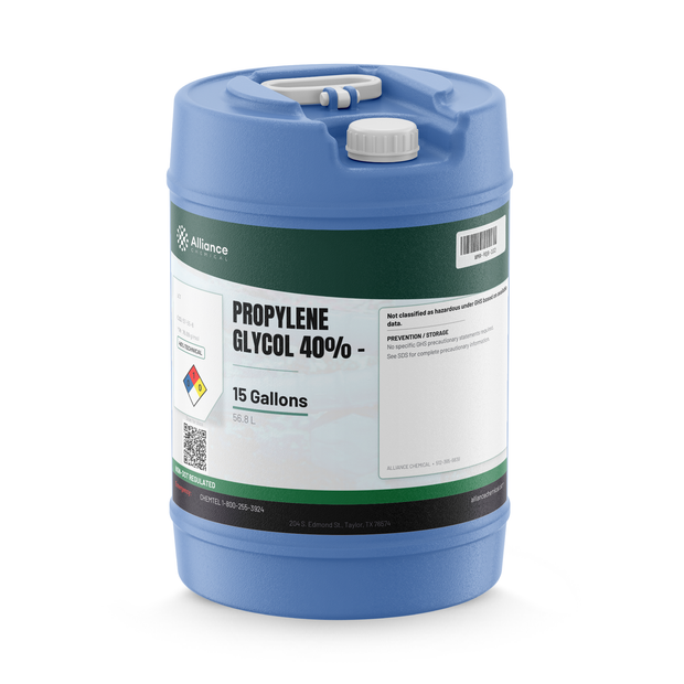 Propylene Glycol 40% Technical Grade in a 15-gallon blue carboy, Alliance Chemical for heat-transfer systems