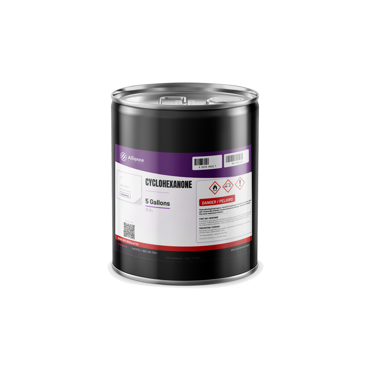 Cyclohexanone Technical Grade in a 5-gallon metal pail for resin solvent and polymer synthesis, Alliance Chemical