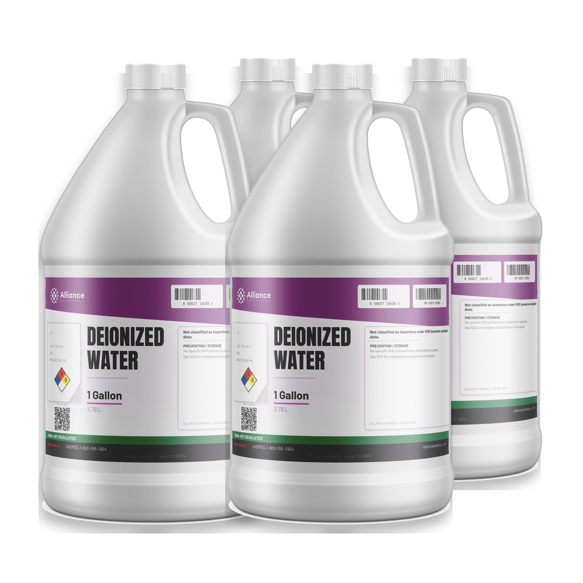 Deionized Water, Technical Grade, in a case of four 1-gallon plastic jugs, Alliance Chemical