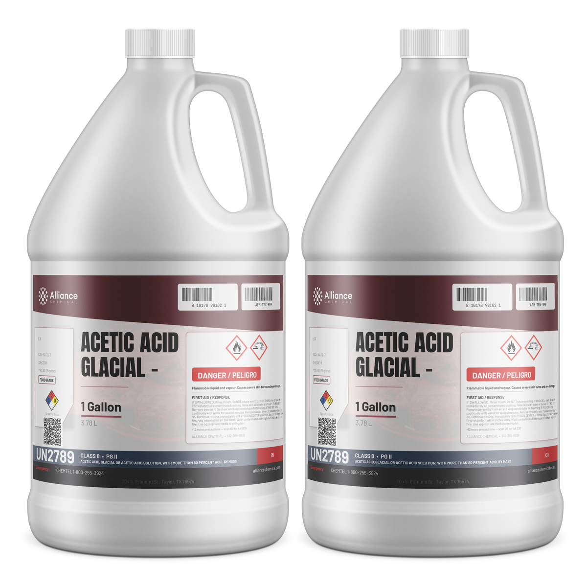 Acetic Acid Glacial Food Grade, two 1-gallon jugs from Alliance Chemical for pH regulation and scale removal