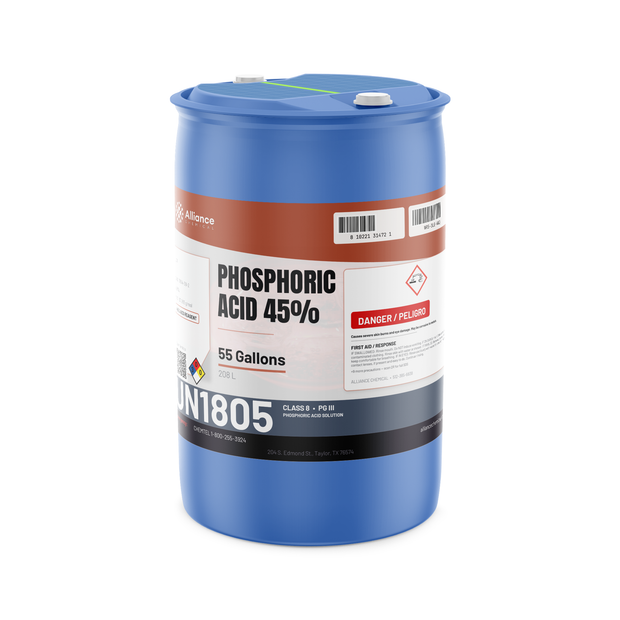 Phosphoric Acid 45% ACS Reagent Grade in a 55-gallon blue polyethylene drum, Alliance Chemical
